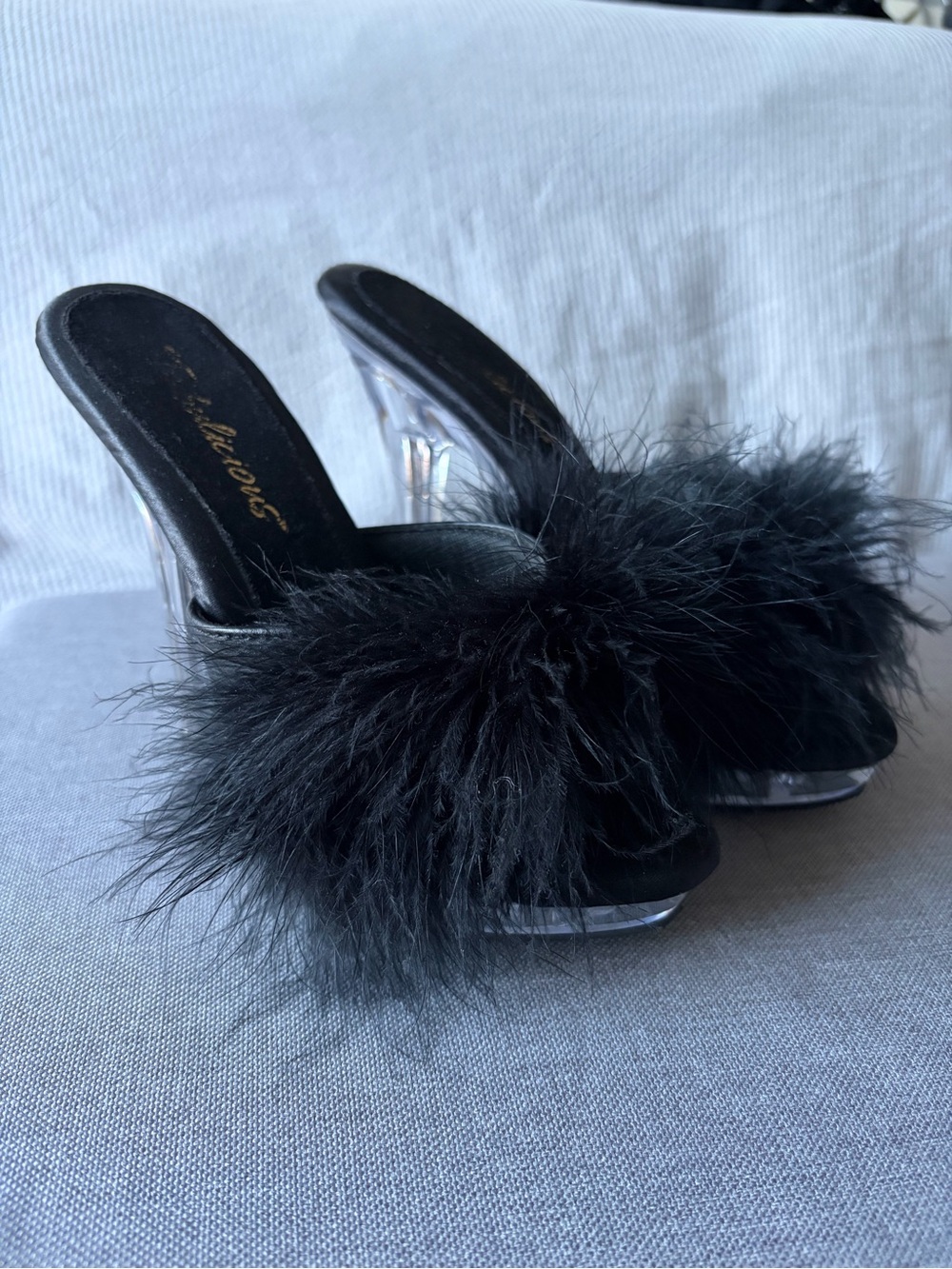 Black feather trim platform pleaser mule heels
